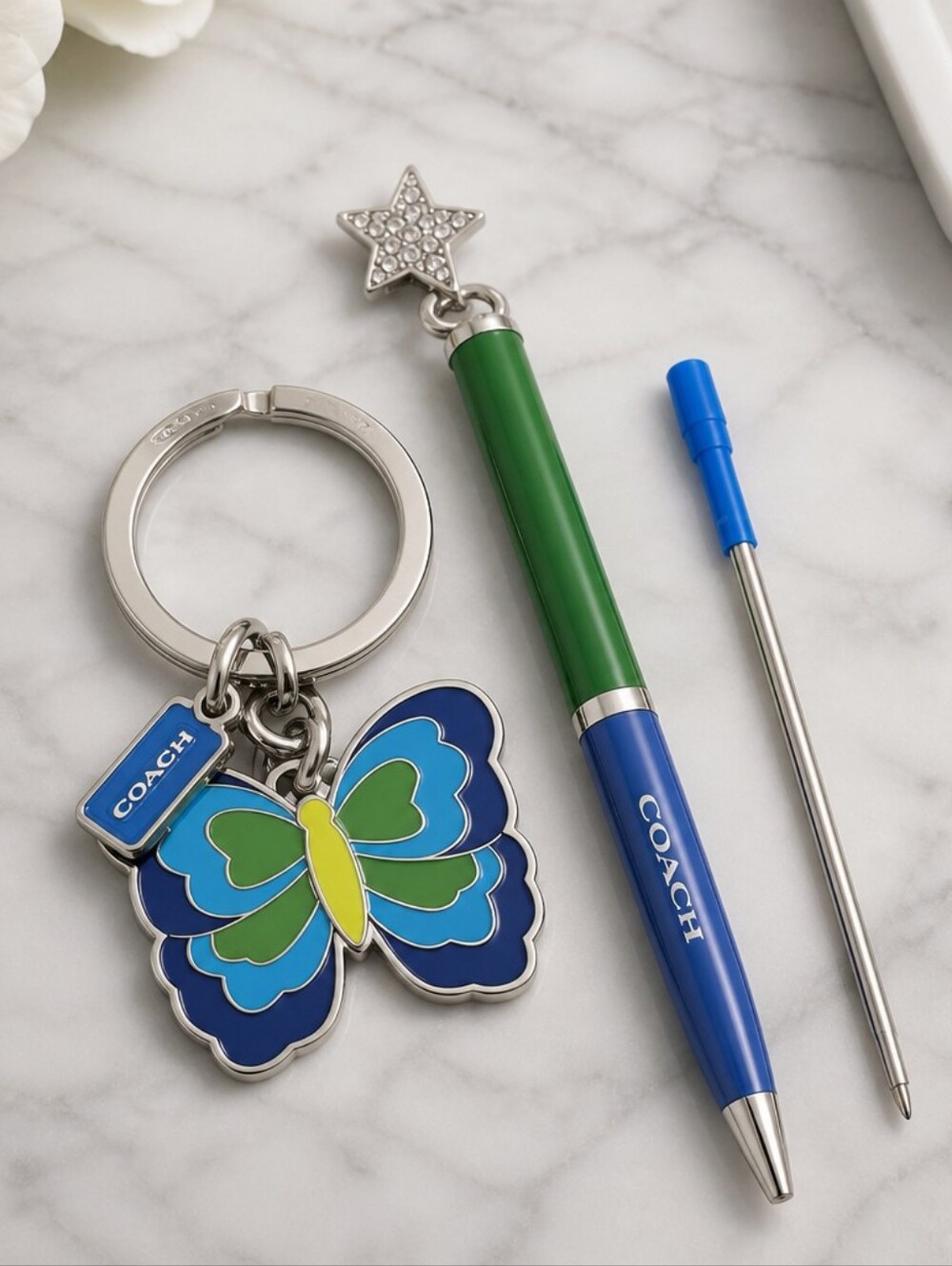 Coach Blue & Green Butterfly Keychain And Matching Coach Pen With Refill